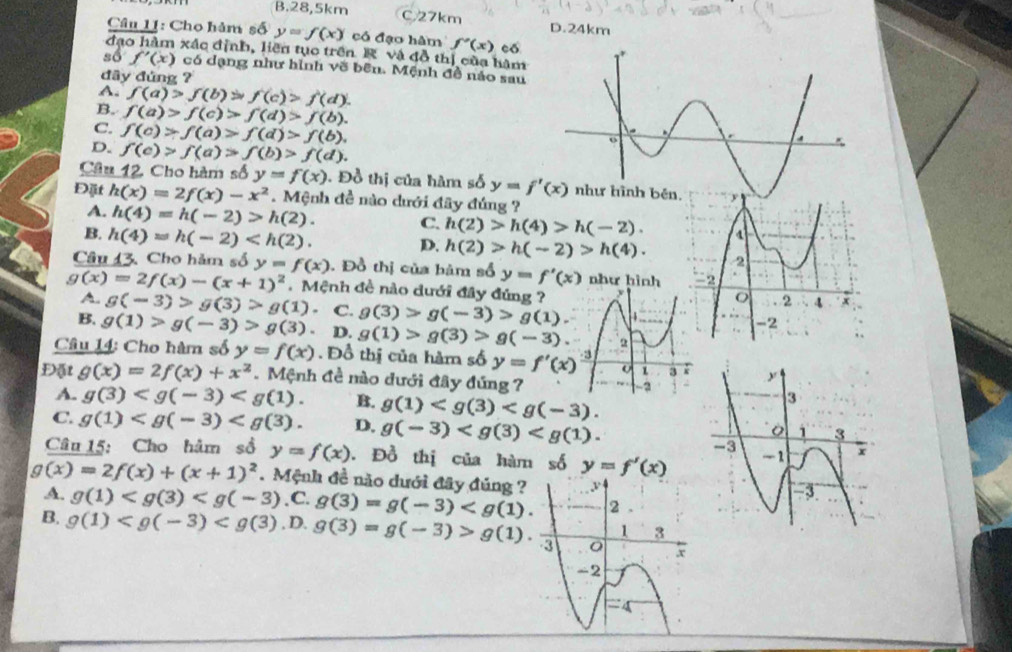 B.28,5km C,27km D.24km
Câu UI: Cho hàm số y=f(x) có đạo hâm f''(x) có
đạo hàm xác định, liên tục trên R và đồ thị của hàm
số f'(x) có dạng như hình về bên. Mệnh đề nảo sau
đdây đứng ?
A. f(a)>f(b)>f(c)>f(d).
B. f(a)>f(c)>f(d)>f(b).
C. f(c)>f(a)>f(d)>f(b).
D. f(c)>f(a)>f(b)>f(d).
Câu 12, Cho hàm số y=f(x). Đồ thị của hàm số y=f'(x) h bên.
Đặt h(x)=2f(x)-x^2. Mệnh đề nào dưới đây đúng ?
A. h(4)=h(-2)>h(2). C. h(2)>h(4)>h(-2).
D. h(2)>h(-2)>h(4).
B. h(4)=h(-2)
Câu 13. Cho hàm số y=f(x). Đồ thị của bàm số y=f'(x) như hình
g(x)=2f(x)-(x+1)^2. Mệnh đề nào dưới đây đúng ?
A. g(-3)>g(3)>g(1). C. g(3)>g(-3)>g(1).
B. g(1)>g(-3)>g(3) D. g(1)>g(3)>g(-3).
Câu 14: Cho hàm số y=f(x). Đồ thị của hàm số y=f'(x)
Đặt g(x)=2f(x)+x^2 M nh đề mào dưới đây đứng 7
A. g(3) B. g(1)
C. g(1) D. g(-3)
Câu 15: Cho hâm sồ y=f(x). Đồ thị của hàm số y=f'(x)
g(x)=2f(x)+(x+1)^2. Mệnh đề não dưới đây đúng ?
A. g(1) . C. g(3)=g(-3)
B. g(1) , D. g(3)=g(-3)>g(1).