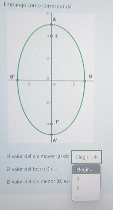 Empareja como corresponda:
El valor del eje mayor (a) eš: Elegir...
El valor del foco (c) es: Elegir...
El valor del eje menor (b) es: 3
5
4