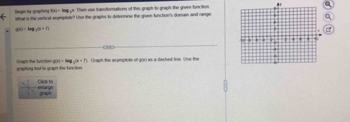 A r
Begin by graphing f(x)=log _3x x. Then use transformations of this graph to graph the given function
What is the vertical asymptote? Use the graphs to determine the given function's domain and range
g(x)=log _3(x+7)
Graph the function g(x)=log _3(x+7) Graph the asymptote of g(x) as a dashed line. Use the
graphing tool to graph the function.
enlarge Click to
graph