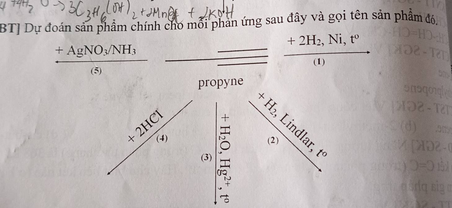 BTJ Dự đoán sản phẩm chính cho mỗi phản ứng sau đây và gọi tên sản phẩm đó.
frac +AgNO_3/NH_3(s)
frac +2H_2,Ni,t^0(1)
propyne
+2HCI
F_-1 _r1endarray +H_2
(x) 
Lindl 

 
(3) 
27dr, t