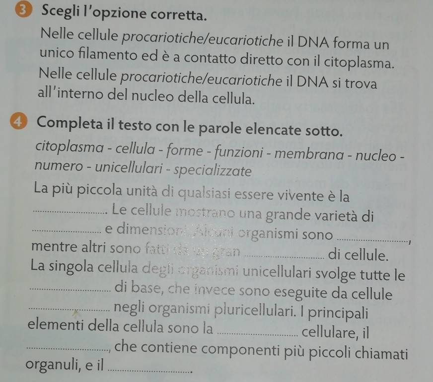 ③ Scegli l’opzione corretta. 
Nelle cellule procariotiche/eucariotiche il DNA forma un 
unico filamento ed è a contatto diretto con il citoplasma. 
Nelle cellule procariotiche/eucariotiche il DNA si trova 
all’interno del nucleo della cellula. 
④ Completa il testo con le parole elencate sotto. 
citoplasma - cellula - forme - funzioni - membrana - nucleo - 
numero - unicellulari - specializzate 
La più piccola unità di qualsiasi essere vivente è la 
_Le cellule mostrano una grande varietà di 
_e dimensiont Alcuni organismi sono_ 
mentre altri sono fatti da up gran _di cellule. 
La singola cellula degii organismi unicellulari svolge tutte le 
_di base, che invece sono eseguite da cellule 
_negli organismi pluricellulari. I principali 
elementi della cellula sono la _cellulare, il 
_che contiene componenti più piccoli chiamati 
organuli, e il_