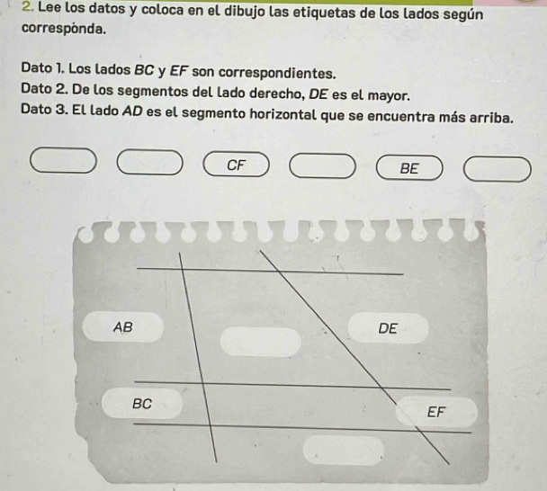 Lee los datos y coloca en el dibujo las etiquetas de los lados según
corresponda.
Dato 1. Los lados BC y EF son correspondientes.
Dato 2. De los segmentos del lado derecho, DE es el mayor.
Dato 3. El lado AD es el segmento horizontal que se encuentra más arriba.
CF
BE
AB
DE
BC
EF