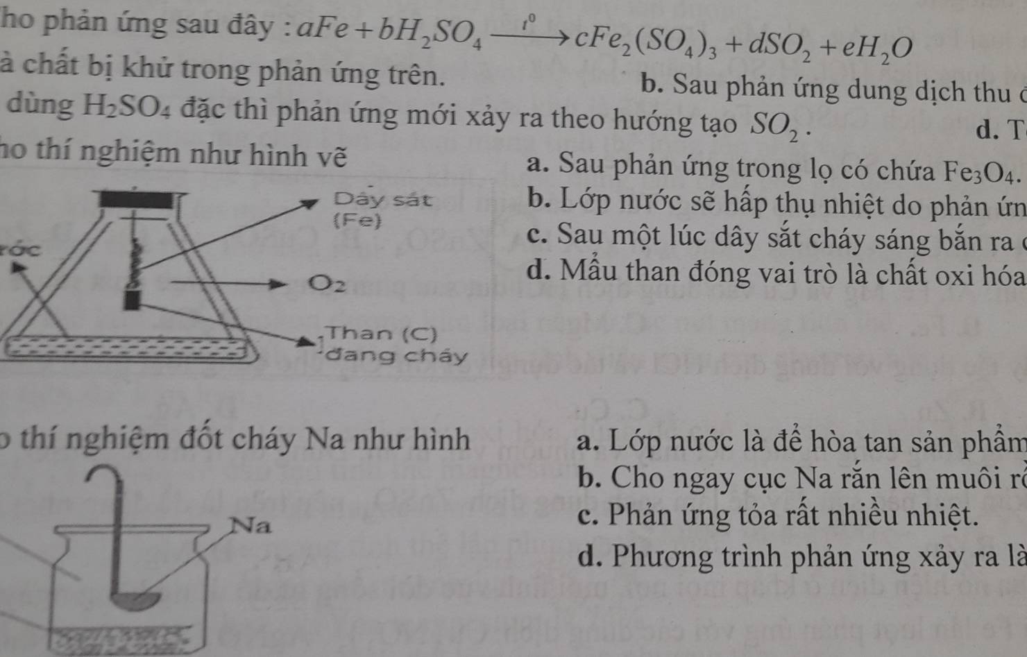 ho phản ứng sau đây : aFe+bH_2SO_4xrightarrow i°cFe_2(SO_4)_3+dSO_2+eH_2O
à chất bị khử trong phản ứng trên. b. Sau phản ứng dung dịch thu  ở
dùng H_2SO_4 đặc thì phản ứng mới xảy ra theo hướng tạo SO_2.
d. T
ho thí nghiệm như hình vẽ a. Sau phản ứng trong lọ có chứa Fe_3O_4.
Lớp nước sẽ hấp thụ nhiệt do phản ứn
Sau một lúc dây sắt cháy sáng bắn ra  ở
Tác
Mẫu than đóng vai trò là chất oxi hóa
o thí nghiệm đốt cháy Na như hình a. Lớp nước là để hòa tan sản phẩm
b. Cho ngay cục Na rằn lên muôi rở
Na
c. Phản ứng tỏa rất nhiều nhiệt.
d. Phương trình phản ứng xảy ra là