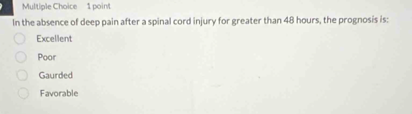 In the absence of deep pain after a spinal cord injury for greater than 48 hours, the prognosis is:
Excellent
Poor
Gaurded
Favorable