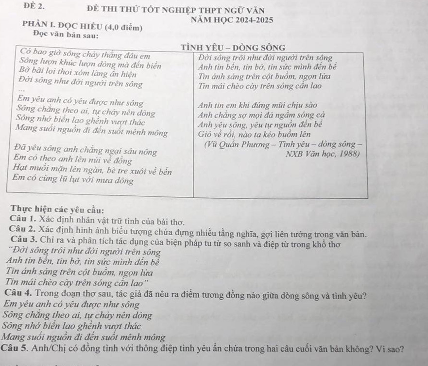ĐÈ 2. đè thi thử tót nghiệp thPt ngữ văn
NăM HQC 2024-2025
PHÀN I. ĐQC HIÊU (4,0 điểm)
Đọc văn bản sau:
c hiện các yêu cầu:
Câu 1. Xác định nhân vật trữ tình của bài thơ.
Câu 2. Xác định hình ảnh biểu tượng chứa đựng nhiều tầng nghĩa, gợi liên tưởng trong văn bản.
Câu 3. Chỉ ra và phân tích tác dụng của biện pháp tu từ so sanh và điệp từ trong khổ thơ
'Đời sông trồi như đời người trên sông
Anh tin bến, tin bờ, tin sức mình đến bể
Tin ánh sáng trên cột buồm, ngọn lửa
Tin mái chèo cày trên sóng cần lao''
Câu 4. Trong đoạn thơ sau, tác giả đã nêu ra điểm tương đồng nào giữa dòng sông và tình yêu?
Em yêu anh có yêu được như sông
Sông chắng theo ai, tự chảy nên dòng
Sông nhớ biển lao ghềnh vượt thác
Mang suối nguồn đi đến suốt mênh mông
Câu 5. Anh/Chị có đồng tình với thông điệp tình yêu ẩn chứa trong hai câu cuối văn bản không? Vì sao?