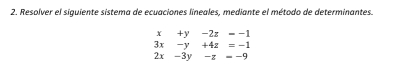 Resolver el siguiente sistema de ecuaciones lineales, mediante el método de determinantes.
x+y-2z=-1
3x-y+4z=-1
2x-3y-z=-9