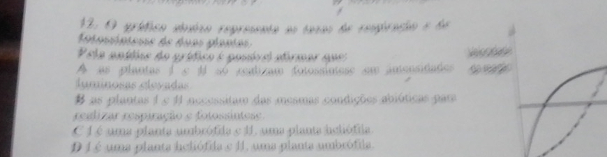 grífico elsico represento as taxas de respiração e de
fotossíplesss de áuas planias 
Pela anídise do grífico é possível afrmar que: Velocda
A as plantas ∫ c l so realizam fotossintese em intensidades da maç
luminosas cleyadas
B as plantas 1 e 11 nccessitam das mesmas condições abióticas par
resdizar respiração e fotossintess
C 1 é uma planta umbrófida e 11, uma planta hcliófila
D 1 é uma planta heliófida e 11, uma planta ambrófila.