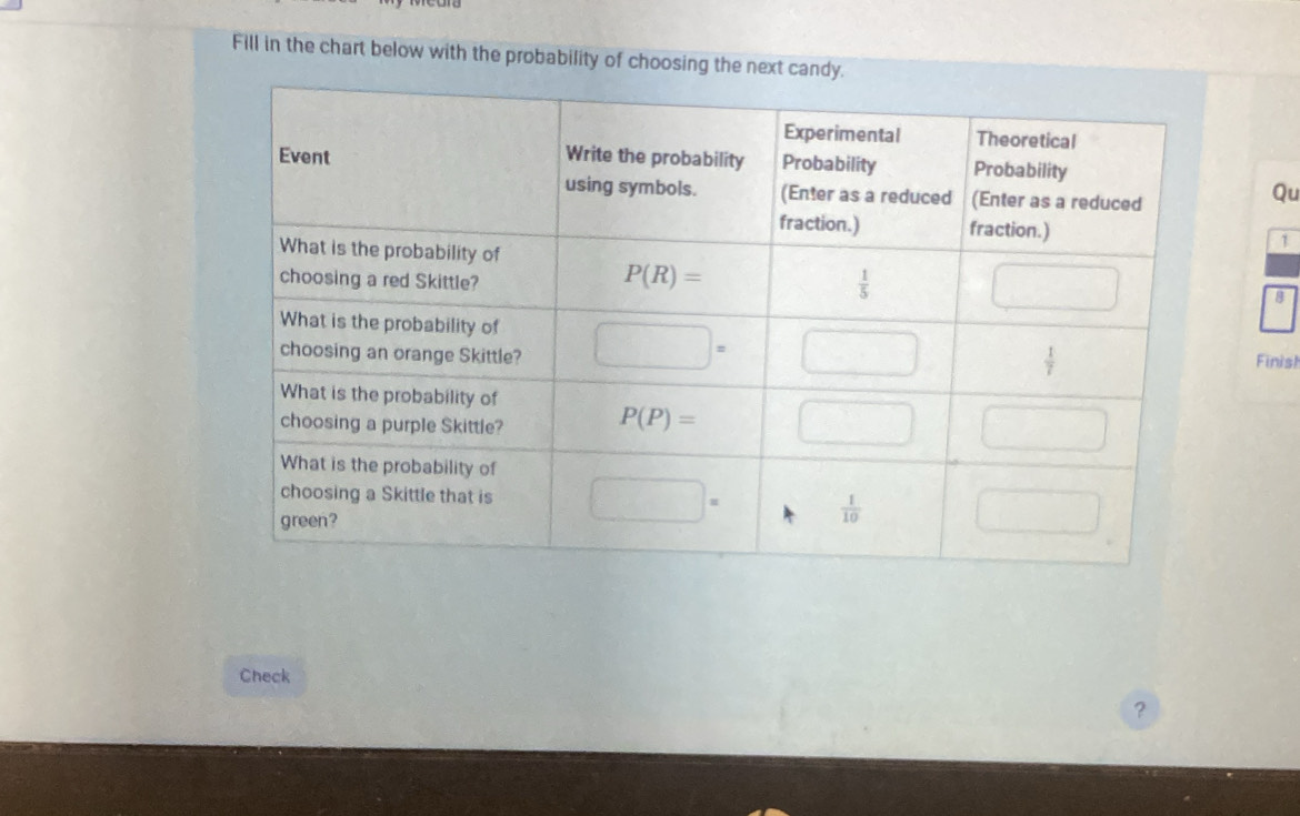 Fill in the chart below with the probability of choosing the next
Qu
1
8
Finish
Check
?