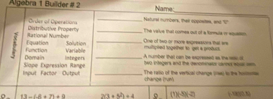 Algebra 1 Builder # 2 Name; 
_ 
Order of Operations 
_Natural numbers, their opposites, and 0' 
Distributive Property _The value that comes out of a formula or equation 
Rational Number _One of two or more expressions that are 
Equation Solution multiplied together to get a producs. 
Function Variable 
Domain Integers_ 
A number that can be expressed as the vase of 
Sope Expression Range 
two integers and the denominator carmor equal cam . 
Input Factor Output _The ratio of the vertical change (iiise) to the horeentas 
change (run)
13-(-6+7)+9 2(3+5^2)+4 9 (1)(-5)(-2) (- 1800.8)