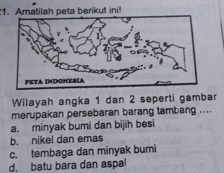 Amatilah peta berikut ini!
Wilayah angka 1 dan 2 seperti gambar
merupakan persebaran barang tambang ....
a. minyak bumi dan bijih besi
b. nikel dan emas
c. tembaga dan minyak bumi
d. batu bara dan aspal