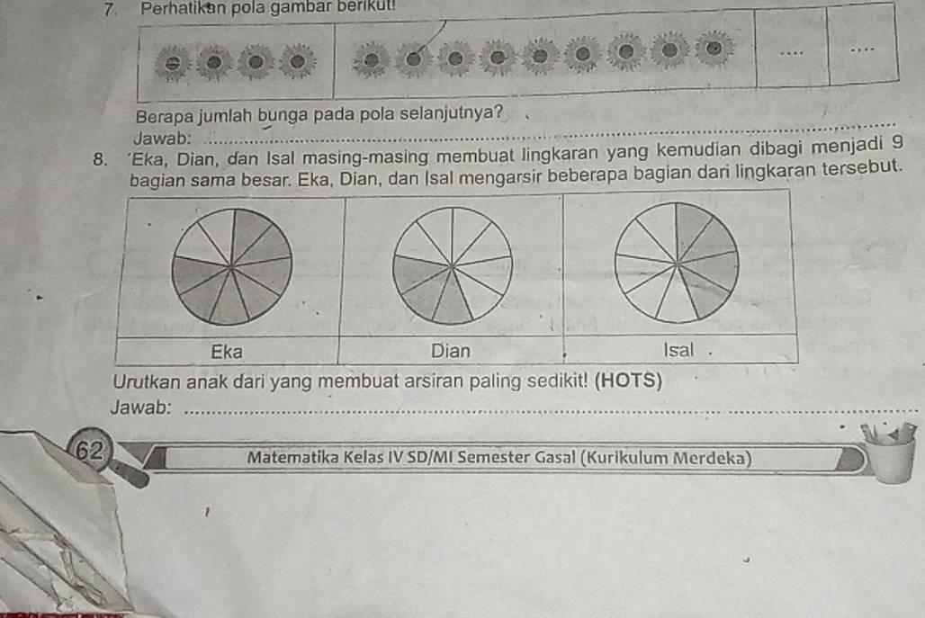 Perhatikan pola gambar berikut! 
Berapa jumlah bunga pada pola selanjutnya? 
Jawab: 
8. ‘Eka, Dian, dan Isal masing-masing membuat lingkaran yang kemudian dibagi menjadi 9
bagian sama besar. Eka, Dian, dan Isal mengarsir beberapa bagian dari lingkaran tersebut. 
Eka Dian Isal . 
Urutkan anak dari yang membuat arsiran paling sedikit! (HOTS) 
Jawab:_ 
62 
Matematika Kelas IV SD/MI Semester Gasal (Kurikulum Merdeka)