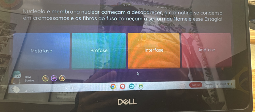 Nucléolo e membrana nuclear começam a desaparecer, a cromatina se condensa
em cromossomos e as fibras do fuso começam a se formar. Nomeie esse Estágio!
Metáfase Prófase Interfase Anáfase
Davi
Santos
Sign out Nov 14 12:05 U