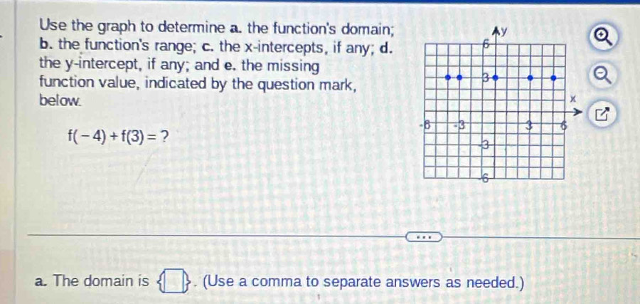 Use the graph to determine a. the function's domain; y
b. the function's range; c. the x-intercepts, if any; d. 
6 
the y-intercept, if any; and e. the missing 
function value, indicated by the question mark, 
3 
below.
x
ζ
-8 -3 3 6
f(-4)+f(3)= ?
-3
6
a. The domain is  □ . (Use a comma to separate answers as needed.)