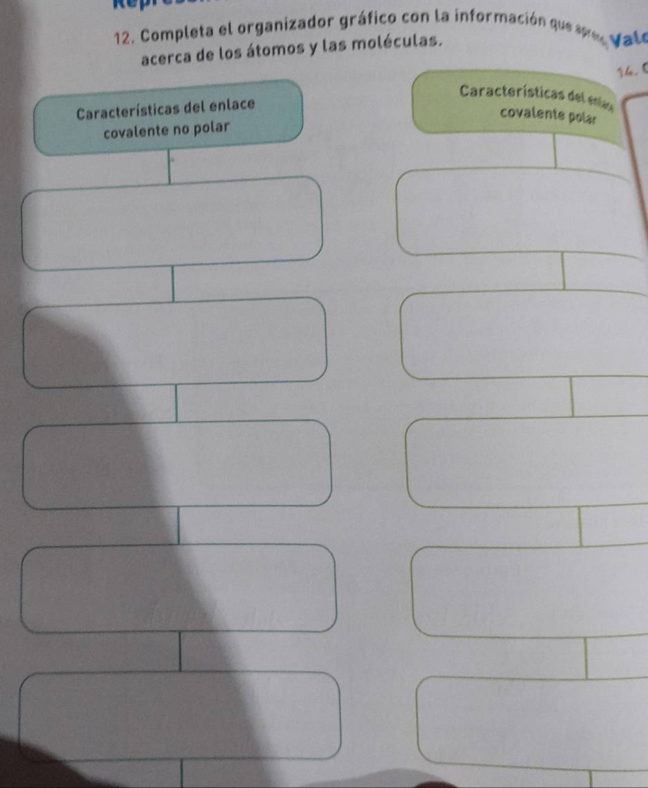 Completa el organizador gráfico con la información quese, Val e
acerca de los átomos y las moléculas.
14. 6
Características del enau
Características del enlace
covalente polar
covalente no polar