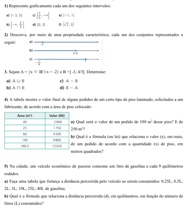 Represente graficamente cada um dos seguintes intervalos:
a) ]-3,5] c) [ 7/5 ,+∈fty [ e) [-1,1[
b) ]^-∈fty , 2/3 [ d) ]0,2[ f) |sqrt(2),5|
2) Descreva, por meio de uma propriedade característica, cada um dos conjuntos representados a
seguir: a) -2
b)
3sqrt(2)
c)
- 1/4 
i
3. Sejam A= x∈ IR|x>-2 e B=]-3,4/3[. Determine:
a) A∪ B c) A-B
b) A∩ B d) B-A
4) A tabela mostra o valor final de alguns pedidos de um certo tipo de piso laminado, solicitados a um
fabricante, de acordo com a área de piso colocado:
Qual será o valor de um pedido de 100m^2 desse piso? E de
250m^2 )
Qual é a fórmula (ou lei) que relaciona o valor (y), em reais,
um pedido de acordo com a quantidade (x) de piso, em
tros quadrados?
5) Na cidade, um veículo econômico de passeio consome um litro de gasolina a cada 9 quilômetros
rodados.
a) Faça uma tabela que forneça a distância percorrida pelo veículo ao serem consumidos: 0,25L; 0,5L;
2L; 3L; 10L; 25L; 40L de gasolina
b) Qual é a fórmula que relaciona a distância percorrida (d), em quilômetros, em função do número de
litros (L) consumidos?