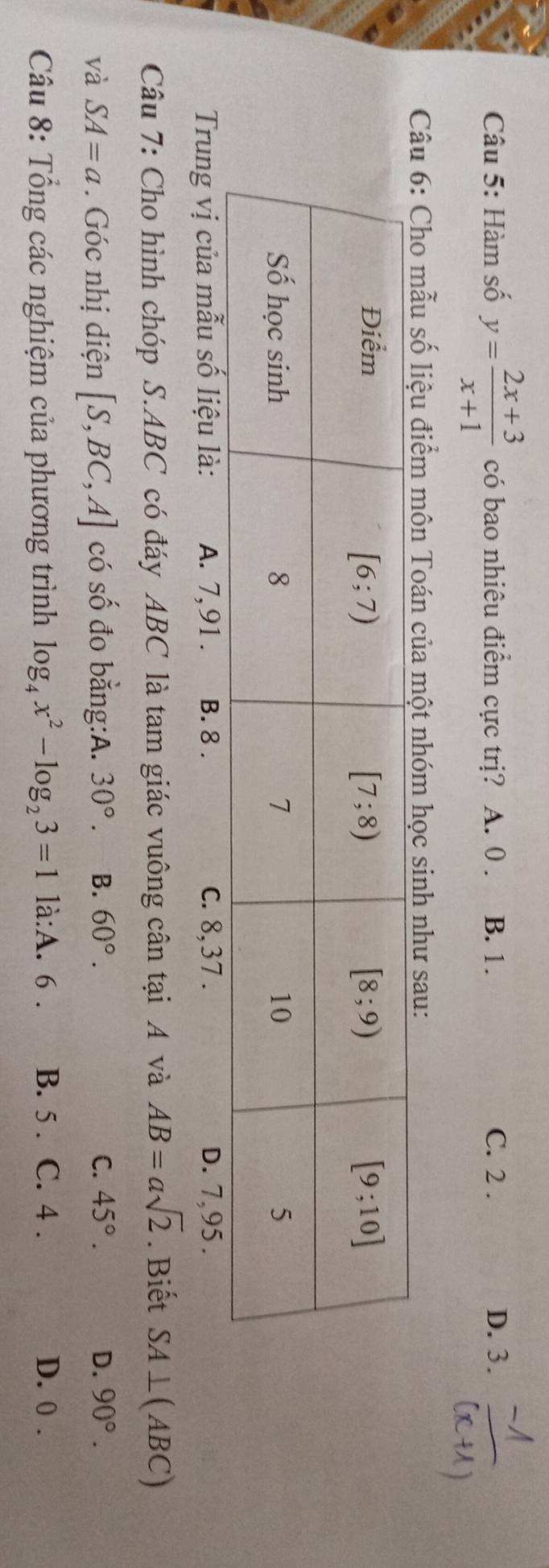 Hàm số y= (2x+3)/x+1  có bao nhiêu điểm cực trị? A. 0 . B. 1. C. 2 . D. 3.
Câu 6: Cho mẫu số liệu điểm môn Toán của một nhóm học sinh như sau:
Trung vị của mẫu số liệu là: A. 7,91 . B. 8 . c. 8,37 . D. 7,95 .
Câu 7: Cho hình chóp S.ABC có đáy ABC là tam giác vuông cân tại A và AB=asqrt(2). Biết SA⊥ (ABC)
và SA=a. Góc nhị diện [S,BC,A] có số đo bằng:A. 30°. B. 60°. C. 45°. D. 90°.
Câu 8: Tổng các nghiệm của phương trình log _4x^2-log _23=1 là:A. 6 . B. 5 . C. 4 . D. 0 .