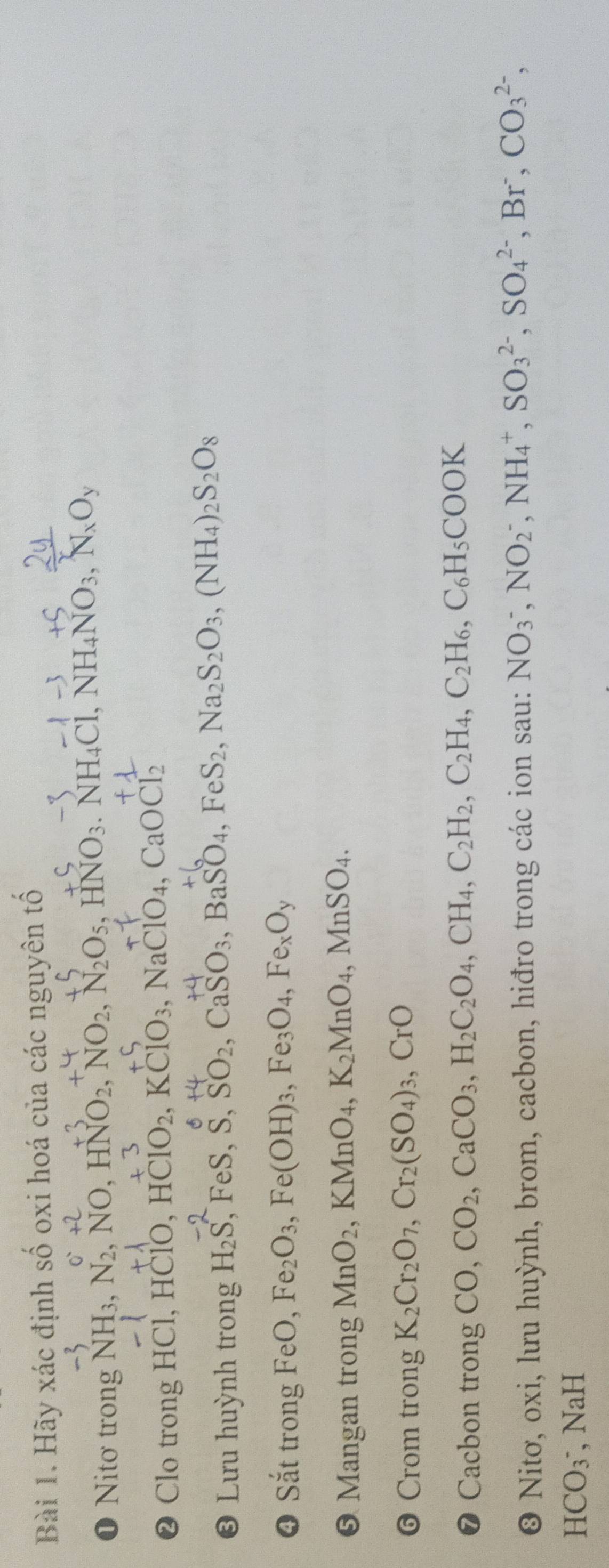 Hãy xác định số oxi hoá của các nguyên tố
D Nitơ trong NH_3, N_2,NO,HNO_2,NO_2,N_2O_5,HNO_3.NH_4Cl,NH_4NO_3,N_xO_y
❷ Clo trong HCl, H ClO,HClO_2,KClO_3,NaClO_4,CaOCl_2
❸ Lưu huỳnh trong H_2vector S, FeS, S,SO_2,CaSO_3,BaSO_4,FeS_2,Na_2S_2O_3,(NH_4)_2S_2O_8
④ Sắt trong Fe O, Fe_2O_3,Fe(OH)_3,Fe_3O_4,Fe_xO_y
0 Mangan trong MnO_2,KMnO_4,K_2MnO_4,MnSO_4.
❻ Crom trong K_2Cr_2O_7,Cr_2(SO_4)_3,CrO
7 Cacbon trong CO,CO_2,CaCO_3,H_2C_2O_4,CH_4,C_2H_2,C_2H_4,C_2H_6,C_6H_5COOK
® Nitơ, oxi, lưu huỳnh, brom, cacbon, hiđro trong các ion sau: NO_3^(2^),NH_4^+,SO_3^2-,SO_4^2-,Br^-,CO_3^2-,
HCO_3 , NaH