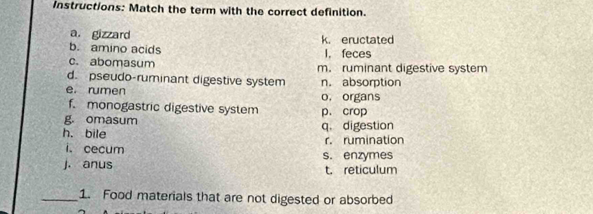 Instructions: Match the term with the correct definition.
a. gizzard k. eructated
b. amino acids I. feces
c. abomasum m. ruminant digestive system
d. pseudo-ruminant digestive system n. absorption
e. rumen
o， organs
f. monogastric digestive system p. crop
g. omasum q. digestion
h. bile
r. rumination
i. cecum
s. enzymes
J. anus t. reticulum
_1. Food materials that are not digested or absorbed