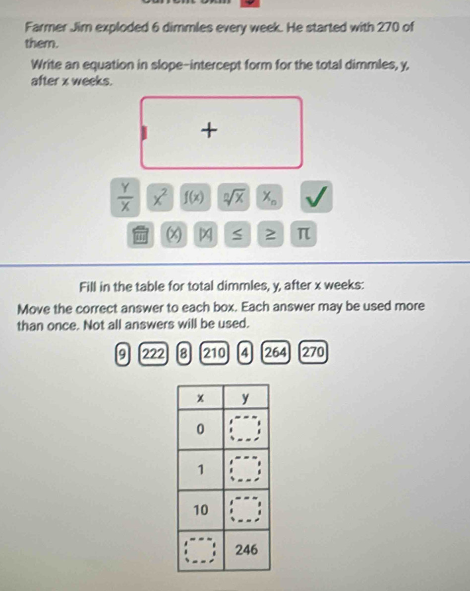 Farmer Jim exploded 6 dimmles every week. He started with 270 of 
them. 
Write an equation in slope-intercept form for the total dimmles, y. 
after x weeks. 
+
 Y/X  x^2 f(x) sqrt[n](x) X_n
a x |x| ≤ ≥ π
Fill in the table for total dimmles, y, after x weeks : 
Move the correct answer to each box. Each answer may be used more 
than once. Not all answers will be used.
9 222 8 210 4 264 270