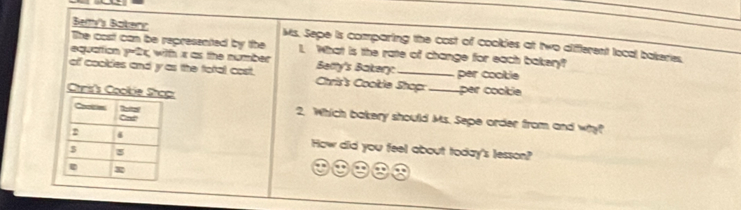 Beiy's Batery Ms. Sepe is comparing the cost of cookies at two different local bakeres, 
The cost can be represented by the 1. What is the rate of change for each bakery? 
equattion P=2x with x as the number Betty's Bakery: per cootie 
of cookles and y as the fotal cost. Chris's Cookle Shop:_ per cookie 
Chris's Coobie S 
2. Which bakery should Ms. Sepe order from and why? 
How did you feel about today's lesson?