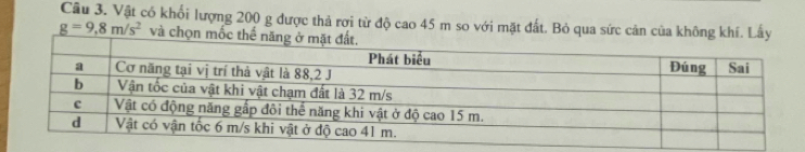 Vật có khối lượng 200 g được thả rợi từ độ cao 45 m so với mặt đất. Bỏ qua sức cản của không khí. Lấy
g=9,8m/s^2 và chọn mốc thể