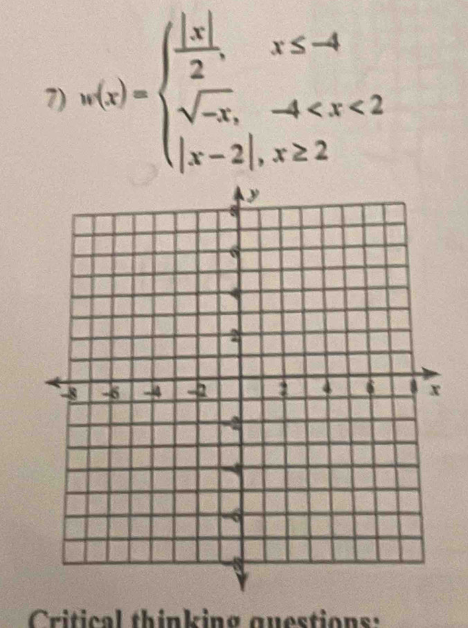 n(x)=beginarrayl  |x|/2 ,x≤ -4 sqrt(-x),-4
Critical thinking questions: