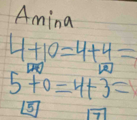 Amina
4+10=4+4=
5+0=4+3=