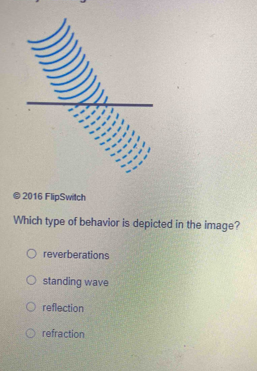 2016 FlipSwitch
Which type of behavior is depicted in the image?
reverberations
standing wave
reflection
refraction