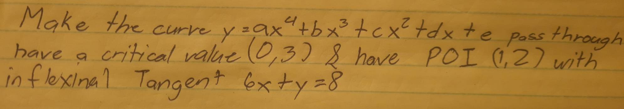 Make the curve y=ax^4+bx^3+cx^2+dx+ e pass through 
have a critical value (0,3) 8 have POI (1,2) with 
inflexinal Tangent 6x+y=8