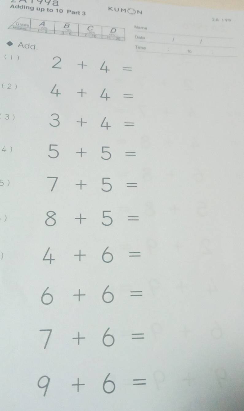 Solved: Adding up to 10 Part 3 KUM N 2A 199 e e 1 1 Add. Time 10 ( 1 ...