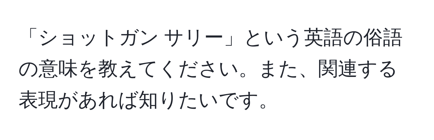 「ショットガン サリー」という英語の俗語の意味を教えてください。また、関連する表現があれば知りたいです。