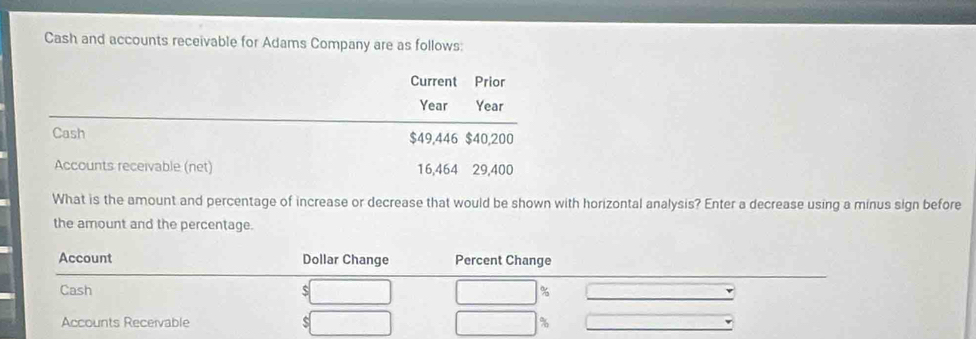 Cash and accounts receivable for Adams Company are as follows: 
Current Prior 
Cash $49,446 $40,200
Accounts receivable (net) 16,464 29,400
What is the amount and percentage of increase or decrease that would be shown with horizontal analysis? Enter a decrease using a minus sign before 
the amount and the percentage.