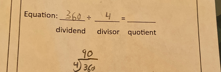 Equation: _÷ _=
dividend divisor quotient