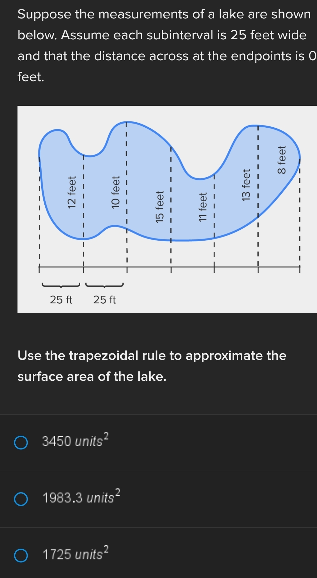 Solved: Suppose the measurements of a lake are shown below. Assume each ...