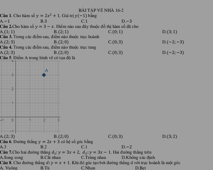 BàI TậP VÈ Nhà 16-2
Câu 1. Cho hàm số y=2x^2+1. Giá trị y(-1) bằng
A. -1 B. 3 C. 1 D. -3
Câu 2.Cho hàm số y=3-x. Điểm nào sau đây thuộc đồ thị hàm số đã cho
A. (1;1) B. (2;1) C. (0;1) D. (3;1)
Câu 3. Trong các điểm sau, điểm nào thuộc trục hoành
A. (2;3) B. (2;0) C. (0;3) D. (-2;-3)
Câu 4. Trong các điểm sau, điểm nào thuộc trục tung
A. (2;3) B. (2;0) C. (0;3) D. (-2;-3)
Câu 5. Điểm A trong hình vẽ có tọa độ là
-1
A. (2;3) B. (2;0) C. (0;3) D. (3;2)
Câu 6. Đường thắng y=2x+3 có hệ số góc bằng
A. 3 B. 2 C. 1 D. -2
Câu 7.Cho hai đường thắng d_1:y=3x+2, d_2:y=3x-1. Hai đường thắng trên
A.Song song B.Cắt nhau C.Trùng nhau D.Không xác định
Câu 8. Cho đường thắng d: y=x+1. Khi đó góc tạo bởi đường thẳng d với trục hoành là một góc
A. Vuông B.Tù C.Nhọn D.Bẹt