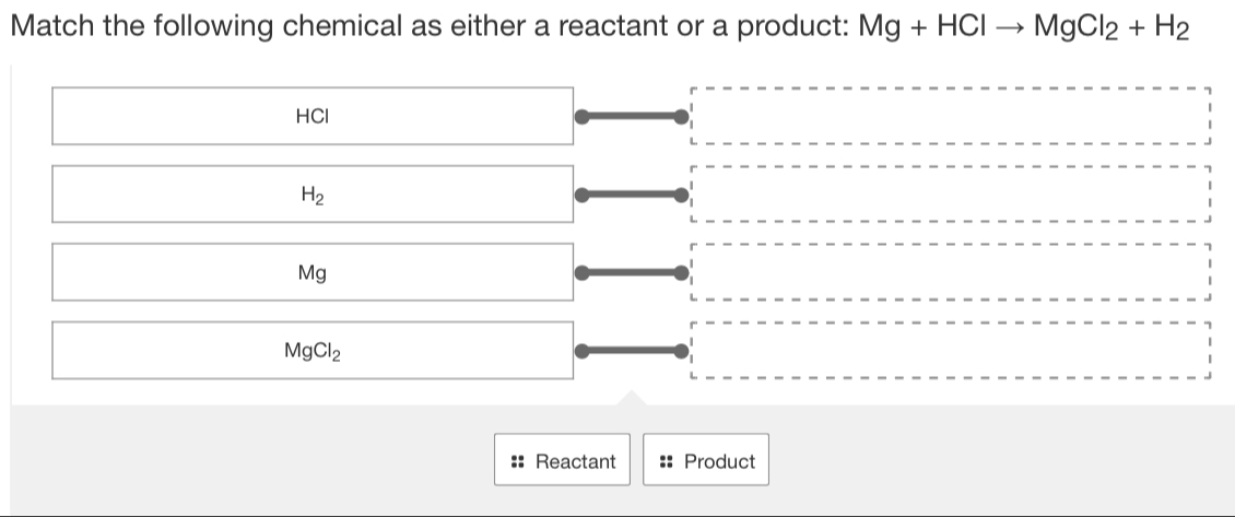 Match the following chemical as either a reactant or a product: Mg+HClto MgCl_2+H_2
HCl
H_2
Mg
MgCl_2
Reactant Product