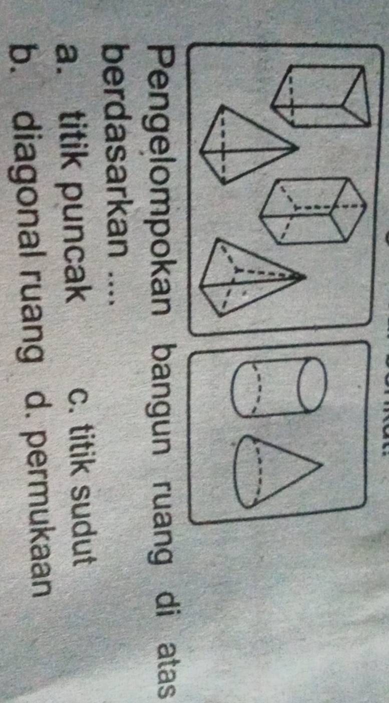 Pengelompokan bangun ruang di atas
berdasarkan ....
a. titik puncak c. titik sudut
b. diagonal ruang d. permukaan