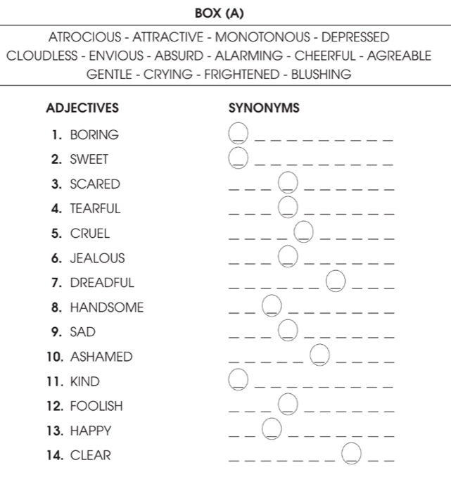 BOX (A) 
ATROCIOUS - ATTRACTIVE - MONOTONOUS - DEPRESSED 
CLOUDLESS - ENVIOUS - ABSURD - ALARMING - CHEERFUL - AGREABLE 
GENTLE - CRYING - FRIGHTENED - BLUSHING 
ADJECTIVES SYNONYMS 
1. BORING 
_ 
_ 
2. SWEET 
_ 
_ 
3. SCARED 
_ 
_ 
_ 
4. TEARFUL 
___ 
5. CRUEL 
__ 
_ 
_ 
6. JEALOUS 
___ 
7. DREADFUL 
_ 
_ 
__ 
8. HANDSOME 
_ 
_ 
_ 
__ 
9. SAD 
_ 
10. ASHAMED 
_ 
_ 
11. KIND 
_ 
_ 
12. FOOLISH 
_ 
_ 
13. HAPPY 
__ 
_ 
14. CLEAR 
_ 
_ 
_