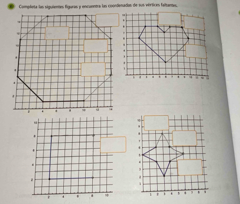 Completa las siguientes figuras y encuentra las coordenadas de sus vértices faltantes.