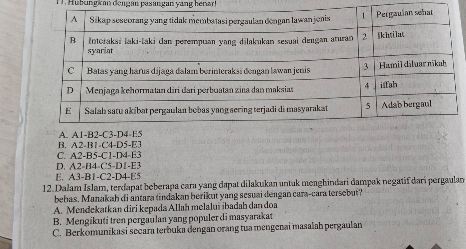 Hubungkan dengan pasangan yang benar!
B. A2-B1 -C4- D5 - E3
C. A2-B5-C1 - D4 - E3
D. A2 -B4-C5-D1- E3
E. A3- B1 - C2 -D4- E5
12.Dalam Islam, terdapat beberapa cara yang dapat dilakukan untuk menghindari dampak negatif dari pergaulan
bebas. Manakah di antara tindakan berikut yang sesuai dengan cara-cara tersebut?
A. Mendekatkan diri kepada Allah melalui ibadah dan doa
B. Mengikuti tren pergaulan yang populer di masyarakat
C. Berkomunikasi secara terbuka dengan orang tua mengenai masalah pergaulan