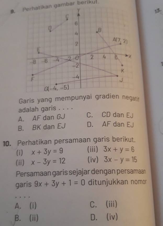 Perhatikan gambar berikut.
13.
Garis yang mempunyai gradien negati
adalah garis . . . .
A. AF dan GJ C. CD dan EJ
B. BK dan EJ D. AF dan EJ
10. Perhatikan persamaan garis berikut.
(i) x+3y=9 (iii) 3x+y=6
(ii) x-3y=12 (iv) 3x-y=15
Persamaan garis sejajar dengan persamaan
garis 9x+3y+1=0 ditunjukkan nomor
, .  .
A. (i) C. (iii)
B. (ii) D. (iv)