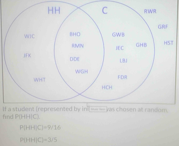 If
fnd P(HH|C).
P(HH|C)=9/16
P(HH|C)=3/5