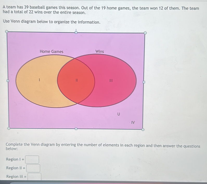 A team has 39 baseball games this season. Out of the 19 home games, the team won 12 of them. The team 
had a total of 22 wins over the entire season. 
Use Venn diagram below to organize the information. 
) 
U 
IV 
Complete the Venn diagram by entering the number of elements in each region and then answer the questions 
below: 
Region I=□
Region II=□
Region 111=□