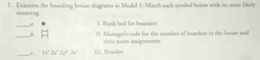 Examine the boarding house diagrams in Model 1. Match each symbol below with its most likely 
meaning. 
_ 
a. I. Bunk bed for boarders 
_b. II. Manager's code for the number of boarders in the house and 
their room assignments. 
_C. 1s^22s^22p^63s^3 II1. Boarder