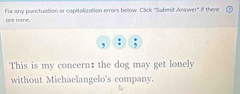 Fix any punctuation or capitalization errors below. Click ''Submit Answer'' if there 
are none. 
This is my concern: the dog may get lonely 
without Michaelangelo's company.