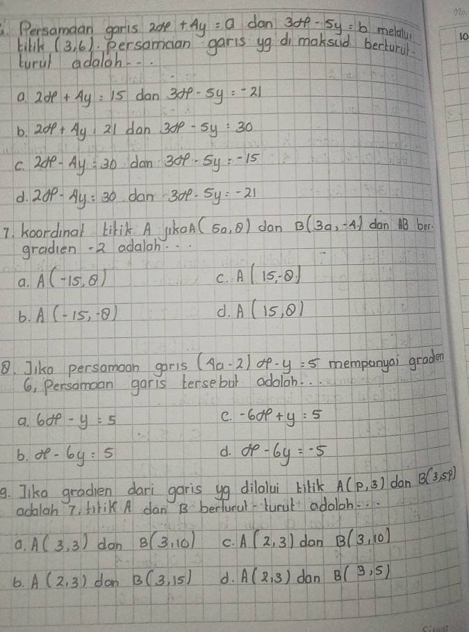 Persamdan garts 2x+4y=a dan 30f-5y=b melaly 10
kibil (3,6). persaician garis yg di maksud berturul
burul adalgh.
a. 2de+4y=15 dan 30p-5y=-21
b. 20p+4y=21 dan 30p-5y=30
C. 20p-4y=30 dan 309· 5y=-15
d. 20p-4y=30 dan 309· 5y=-21
7. koordinal likik A IkoA (5a,8) don B(3a,-4) dan AB ber.
graden -2 adaloh. .
a. A(-15,8)
C. A(15,-8)
b. A(-15,-8)
d. A(15,8)
8. Jike persamoon garis (4a-2) of. y=5 memponyai graden
6, Persamoan garis tersebul adoloh. ..
e.
9. 60t-y=5 -6dp+y=5
d.
b. x-6y=5 alpha e-6y=-5
9. Jike gradien dari garis yg dilalui bilik A(p,3) dan B(3,5,p)
adalah 7. tirik A dan B berlunulturul adoloh.
a. A(3,3) dan B(3,10) C. A(2,3) dan B(3,10)
6. A(2,3) dan B(3,15) d. A(2,3) dan B(3,5)