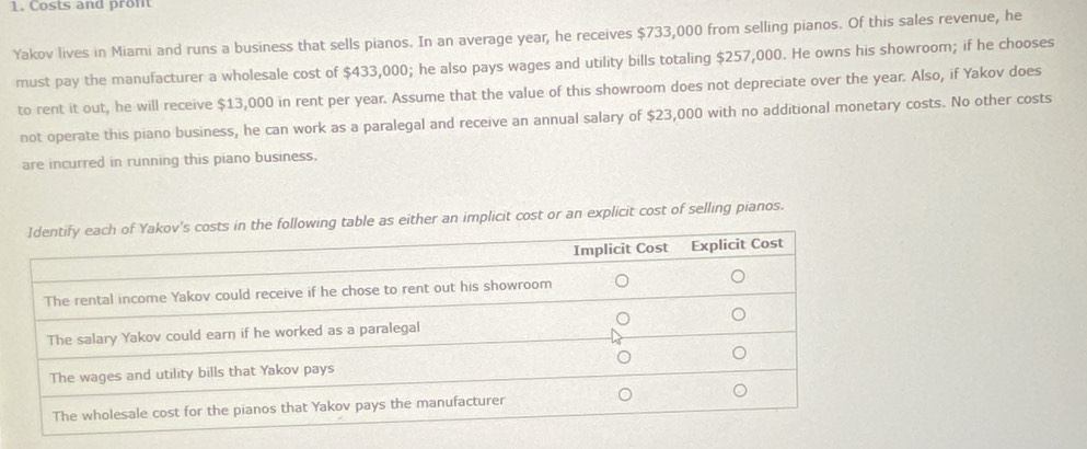 Costs and pron 
Yakov lives in Miami and runs a business that sells pianos. In an average year, he receives $733,000 from selling pianos. Of this sales revenue, he 
must pay the manufacturer a wholesale cost of $433,000; he also pays wages and utility bills totaling $257,000. He owns his showroom; if he chooses 
to rent it out, he will receive $13,000 in rent per year. Assume that the value of this showroom does not depreciate over the year. Also, if Yakov does 
not operate this piano business, he can work as a paralegal and receive an annual salary of $23,000 with no additional monetary costs. No other costs 
are incurred in running this piano business. 
g table as either an implicit cost or an explicit cost of selling pianos.