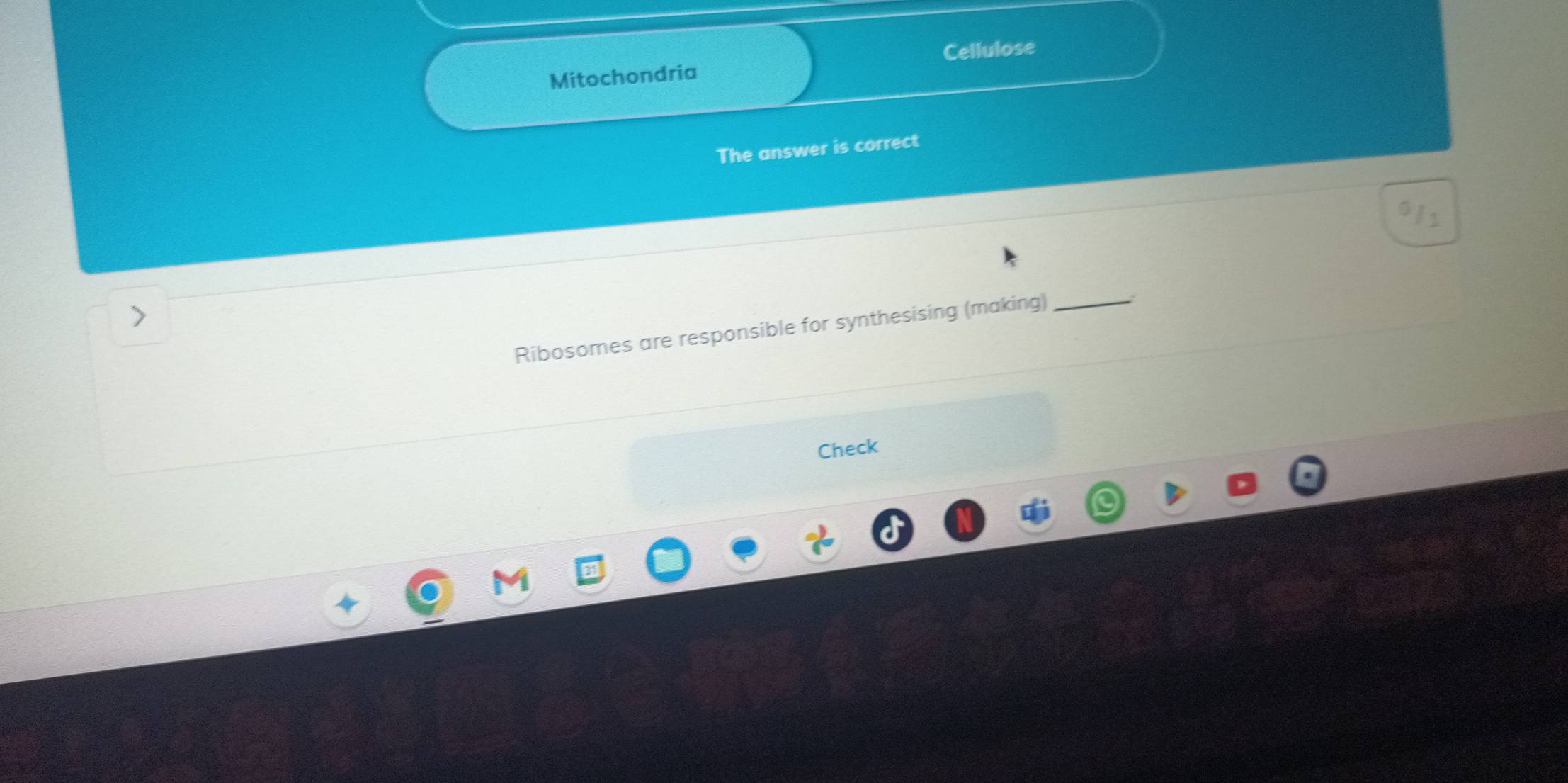 Cellulose 
Mitochondria 
The answer is correct 
Ribosomes are responsible for synthesising (making)_ 
Check