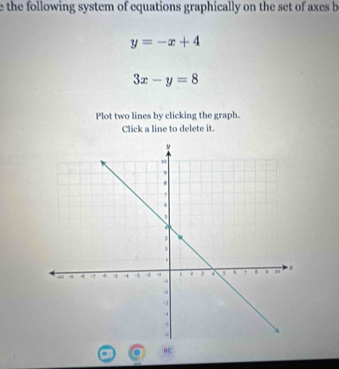 the following system of equations graphically on the set of axes b
y=-x+4
3x-y=8
Plot two lines by clicking the graph.
Click a line to delete it.