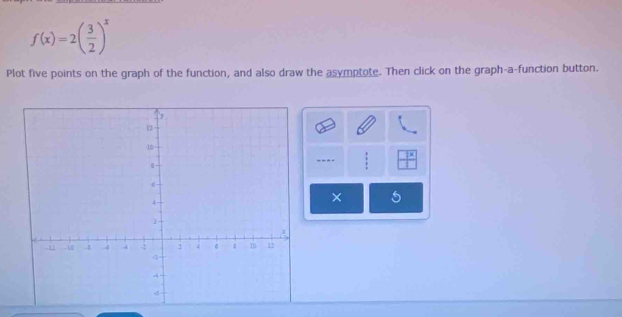 f(x)=2( 3/2 )^x
Plot five points on the graph of the function, and also draw the asymptote. Then click on the graph-a-function button. 
- 
×